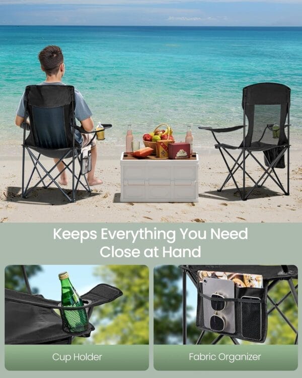 SONGMICS Breathable Camping Chairs, Foldable Outdoor Chairs Set of 2, High Back, Adjustable Armrests, Drink Holder, Weight Capacity 330 lb, for Sports Garden Backyard, Ink Black UGCB028B02 - Image 6