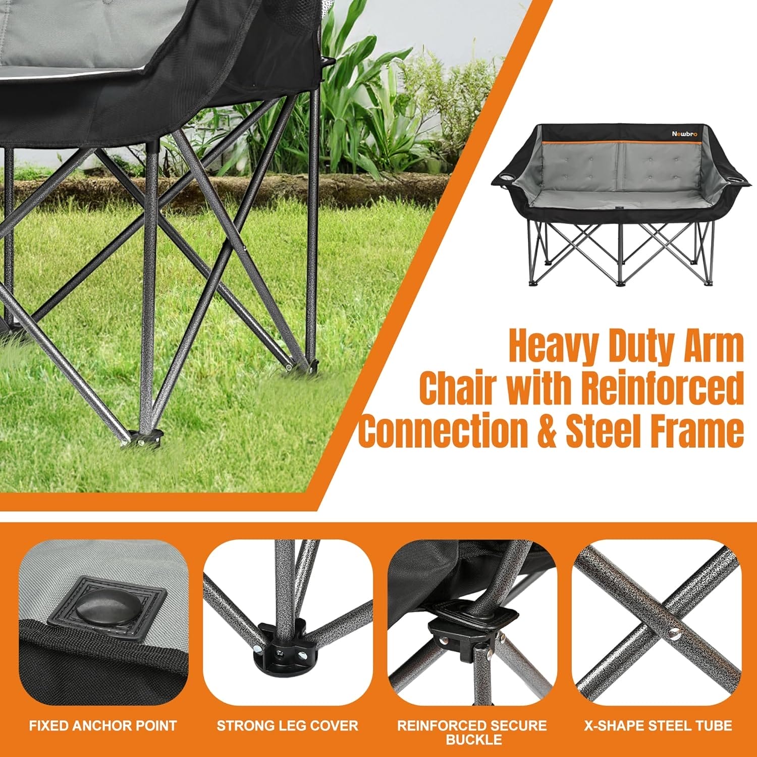 Oversized Double Camping Chair for Adults, Fully Padded Folding Camping Chairs Loveseat, Big Heavy Duty Outdoor Patio Lawn Chair with Arm Cup Holder - Image 5