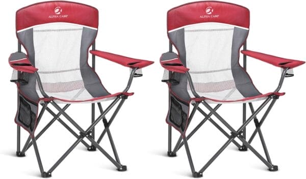 ALPHA CAMP 2PC Oversized Mesh Back Camping Folding Chair Heavy Duty Support 350 LBS Collapsible Steel Frame Quad Chair Padded Arm Chair with Cup Holder Portable for Outdoor (Red-2PC)