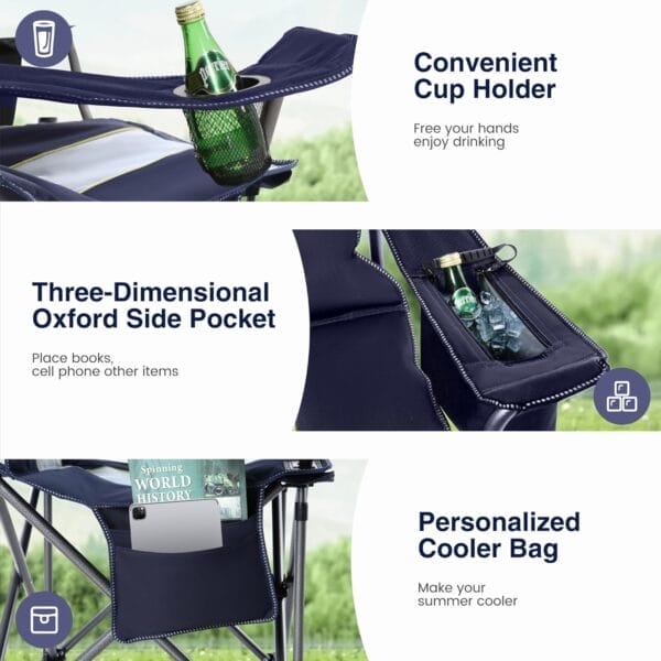 Oversized Camping Folding Chair, Heavy Duty Portable Outdoor Chair, Foldable Camp Chair with Cup Holder and Cooler Bag Support 450 LBS, 2 Pack, Dark Blue - Image 6