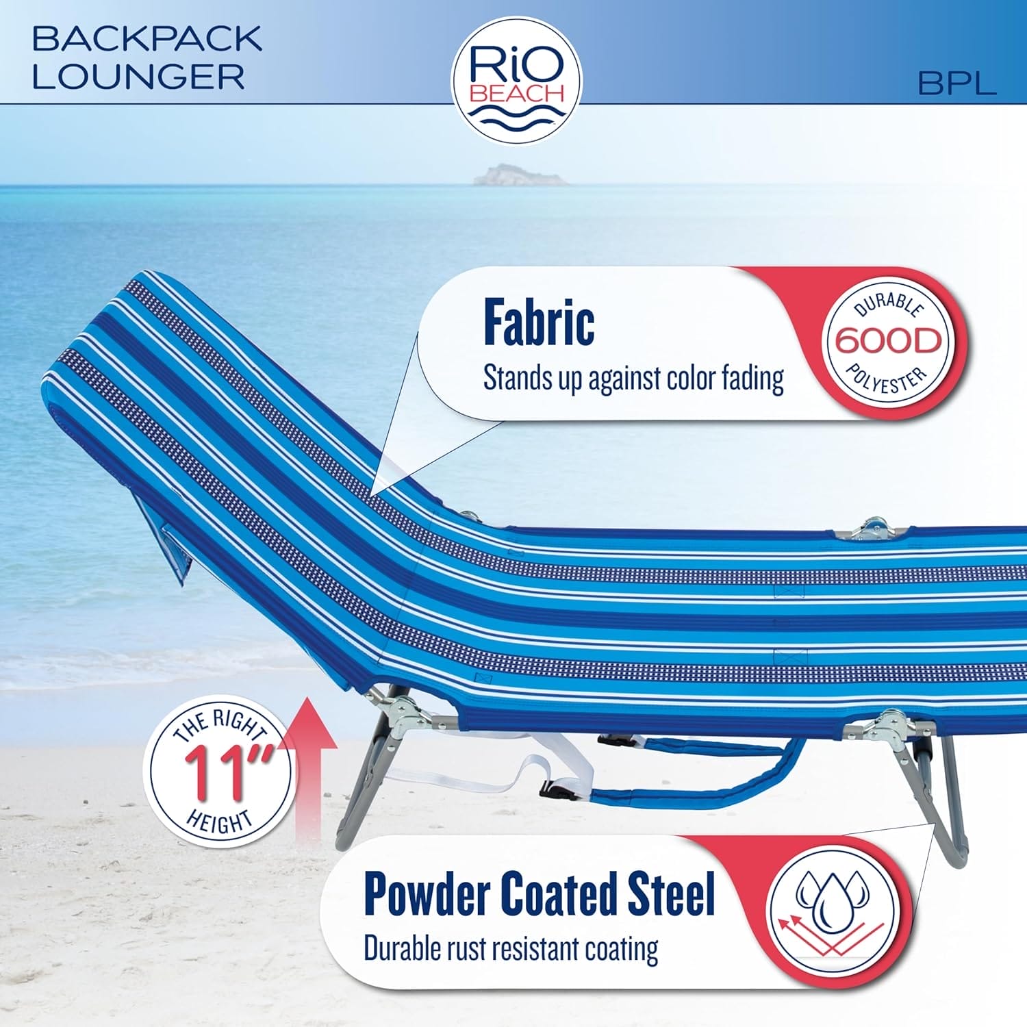 Rio Beach Portable Lay Flat Folding Backpack Beach Lounge Chair with Backpack Straps and Storage Pouch, Blue and Red - Image 5