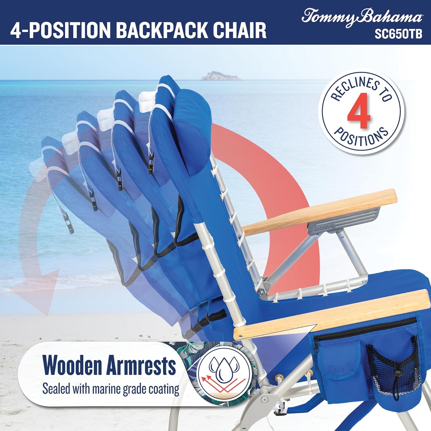 Tommy Bahama Hi-Boy 17" Seat Height 4-Position Lace-Up Suspension Folding Beach Backpack Chair, 1-Pack, Green and Blue Stripe - Image 7