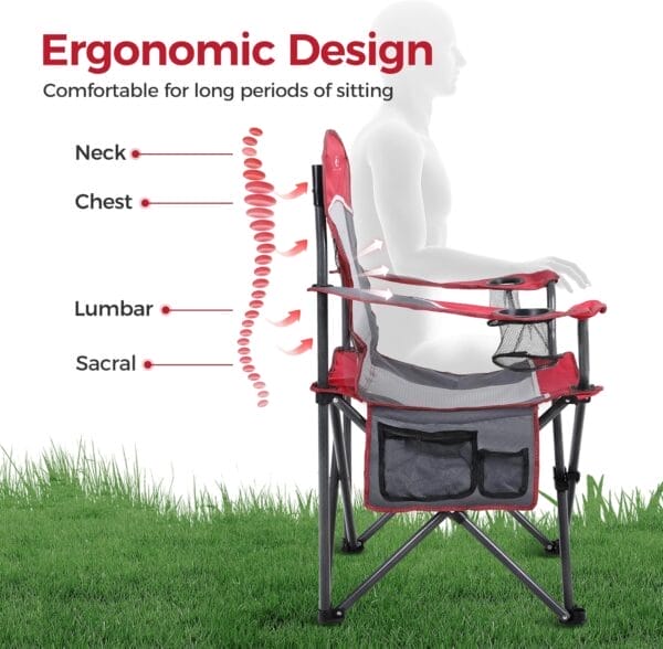 ALPHA CAMP Oversized Mesh Back Camping Folding Chair Heavy Duty Support 350 LBS Collapsible Steel Frame Quad Chair Padded Arm Chair with Cup Holder Portable for Outdoor (Red/Grey) - Image 7