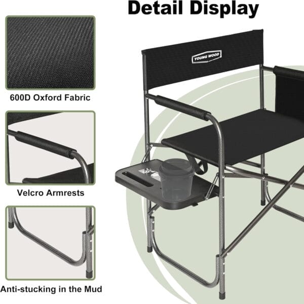 YOUNG WOOD Camping Directors Chair, Lightweight Oversized Portable Folding Chair with Side Table and Storage Pockets for Outdoor Camping, Lawn, Picnic and Fishing, Supports 400lbs (Black) - Image 3