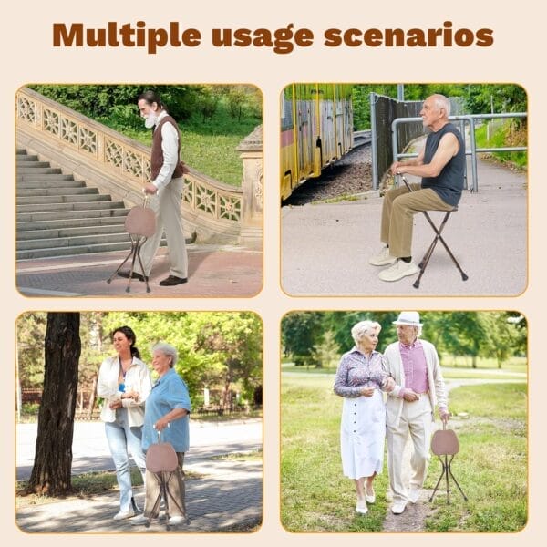 UNLICON-Brown Folding Cane Stool with Seat – Lightweight Adjustable Walking Cane for Seniors, Ergonomic Design, 330 lbs Capacity, Portable and Convenient Cane Chair with Anti-Slip Feet - Image 6