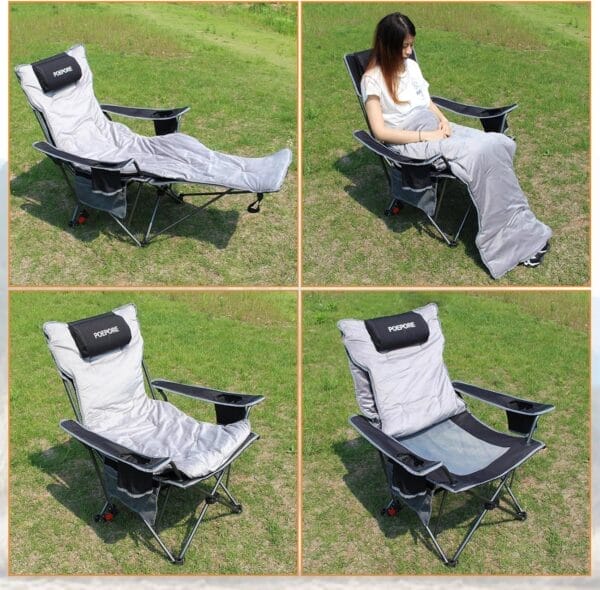 Reclining Camping Chair with Removable Footrest Lounge Chair with Headrest, Cotton Cushion, Portable Adjustable Folding Chairs for Adults Black - Image 5