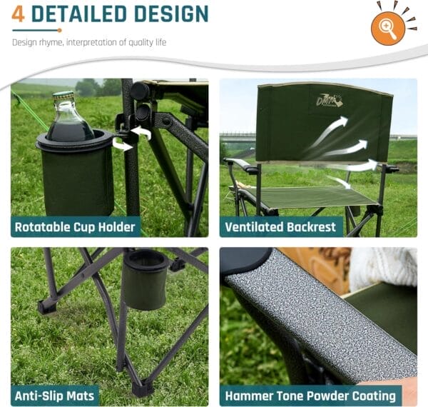 Heavy Duty Folding Camping Chair for Adults Oversized Camping Chairs Steel Frame Support 400 lbs, Metal Arm Lawn Chairs with Swivel Cup Holder, Hollow Backrest, Extra Large Outdoor Chairs, Green - Image 7