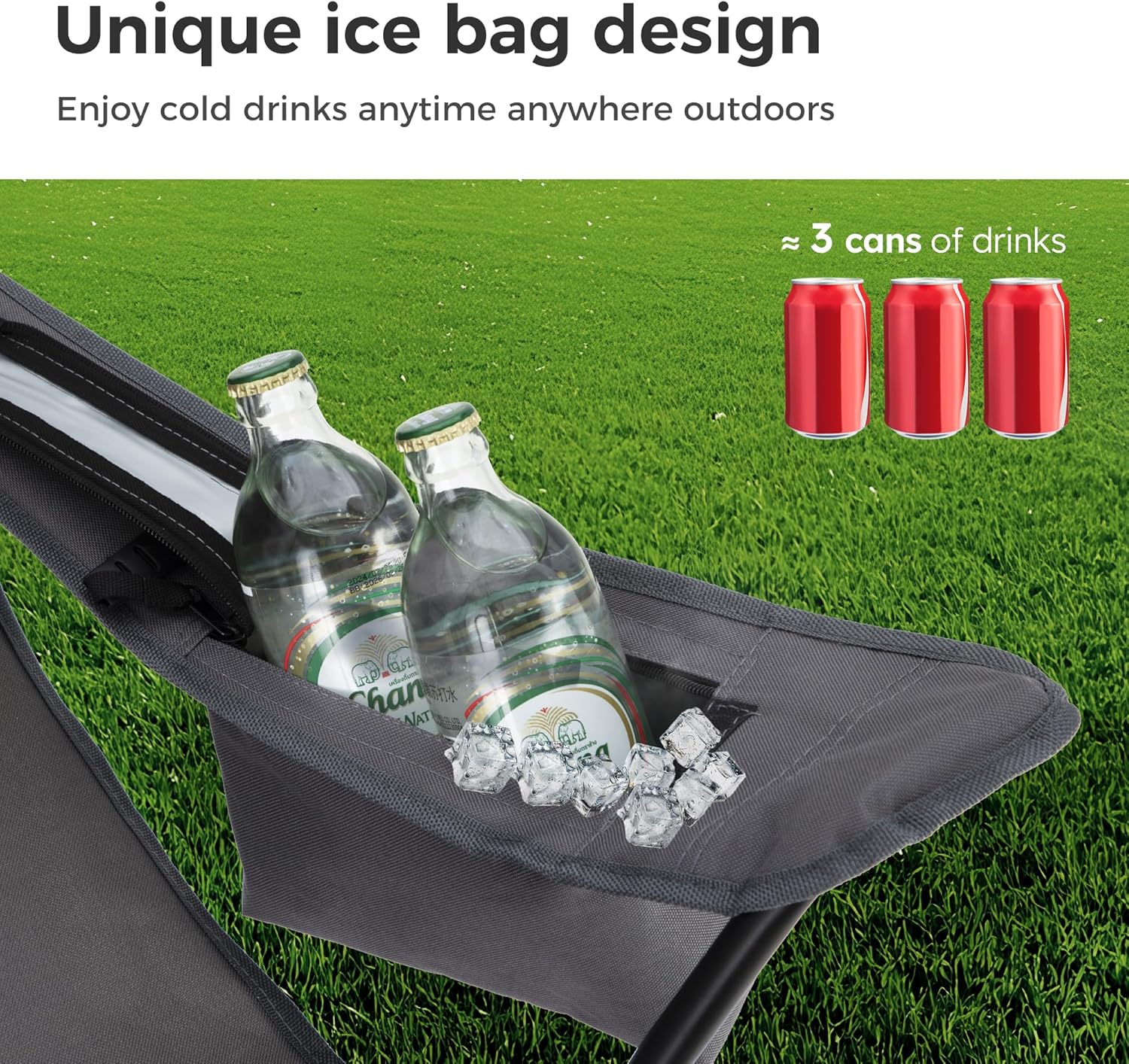 LET'S CAMP Camping Chair 2 Pack Folding Chair with 3-Can Cooler Bag Portable Lawn Chair with Cup Holder,Storage Pocket, Supports 225LBS, Collapsible Chair for Camp, Beach, Picnic (Grey) - Image 5