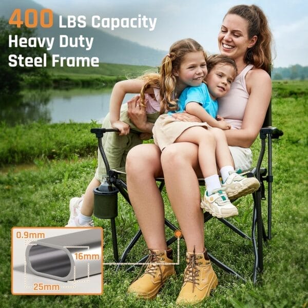 Heavy Duty Folding Camping Chair for Adults Oversized Camping Chairs Steel Frame Support 400 lbs, Metal Arm Lawn Chairs with Swivel Cup Holder, Hollow Backrest, Extra Large Outdoor Chairs, Green - Image 4