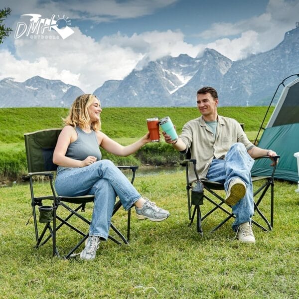 Heavy Duty Folding Camping Chair for Adults Oversized Camping Chairs Steel Frame Support 400 lbs, Metal Arm Lawn Chairs with Swivel Cup Holder, Hollow Backrest, Extra Large Outdoor Chairs, Green - Image 2