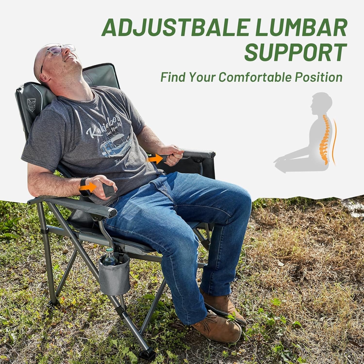 TIMBER RIDGE Oversized Folding Camping Chair with Lumbar Support Adjustable High Back Heavy Duty for Adults Support up to 500lbs with Cup Holder, Cooler Bag, Side Pocket, Grey - Image 5