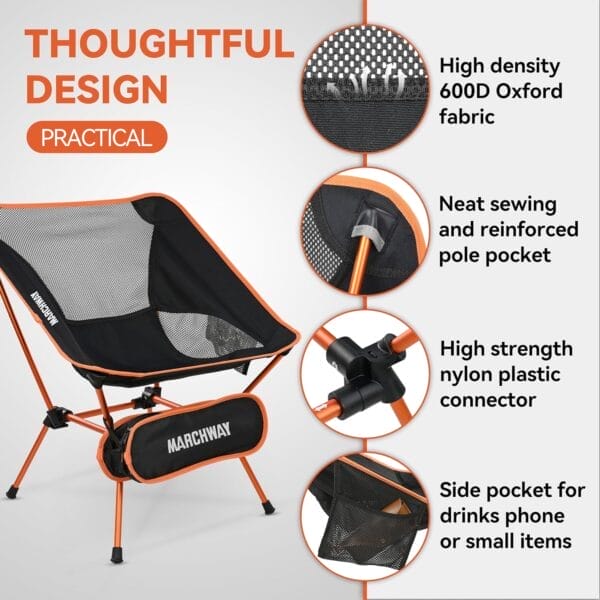 MARCHWAY Ultralight Folding Camping Chair, Heavy Duty Portable Compact for Outdoor Camp, Travel, Beach, Picnic, Festival, Hiking, Lightweight Backpacking (Orange) - Image 5