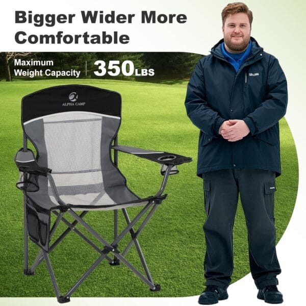 LET'S CAMP Mesh Back Camping Chair Portable Folding Heavy Duty Outdoor Chair Support 330 LBS Durable Large Arm Chair with Cup Holder and Carry Bag for Camp, Fishing, Hiking, Black - Image 2
