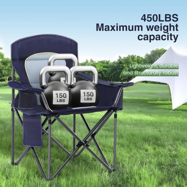 Oversized Camping Folding Chair, Heavy Duty Portable Outdoor Chair, Foldable Camp Chair with Cup Holder and Cooler Bag Support 450 LBS, 2 Pack, Dark Blue - Image 3