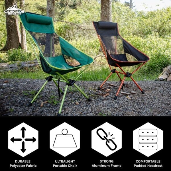 Cascade Mountain Tech Outdoor High Back Lightweight Camp Chair with Headrest and Carry Case - Black - Image 3