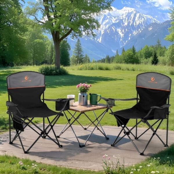 LET'S CAMP Camping Chair 2 Pack Folding Chair with 3-Can Cooler Bag Portable Lawn Chair with Cup Holder,Storage Pocket, Supports 225LBS, Collapsible Chair for Camp, Beach, Picnic (Black) - Image 2