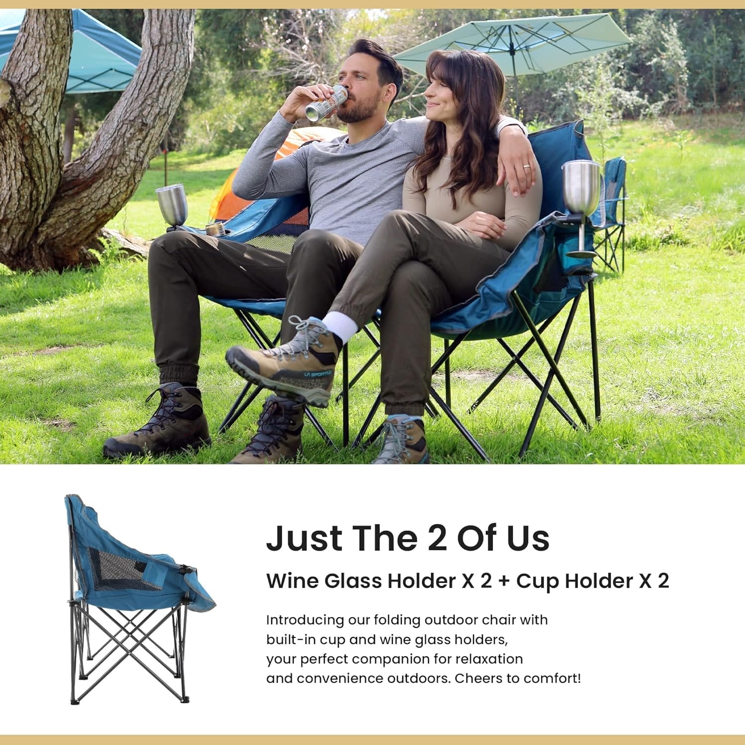 ARROWHEAD OUTDOOR Portable Folding Double Duo Camping Chair Loveseat w/ 2 Cup & Wine Glass Holder, Heavy-Duty Carrying Bag, Padded Seats & Armrests, Supports up to 650lbs, USA-Based Support - Image 4