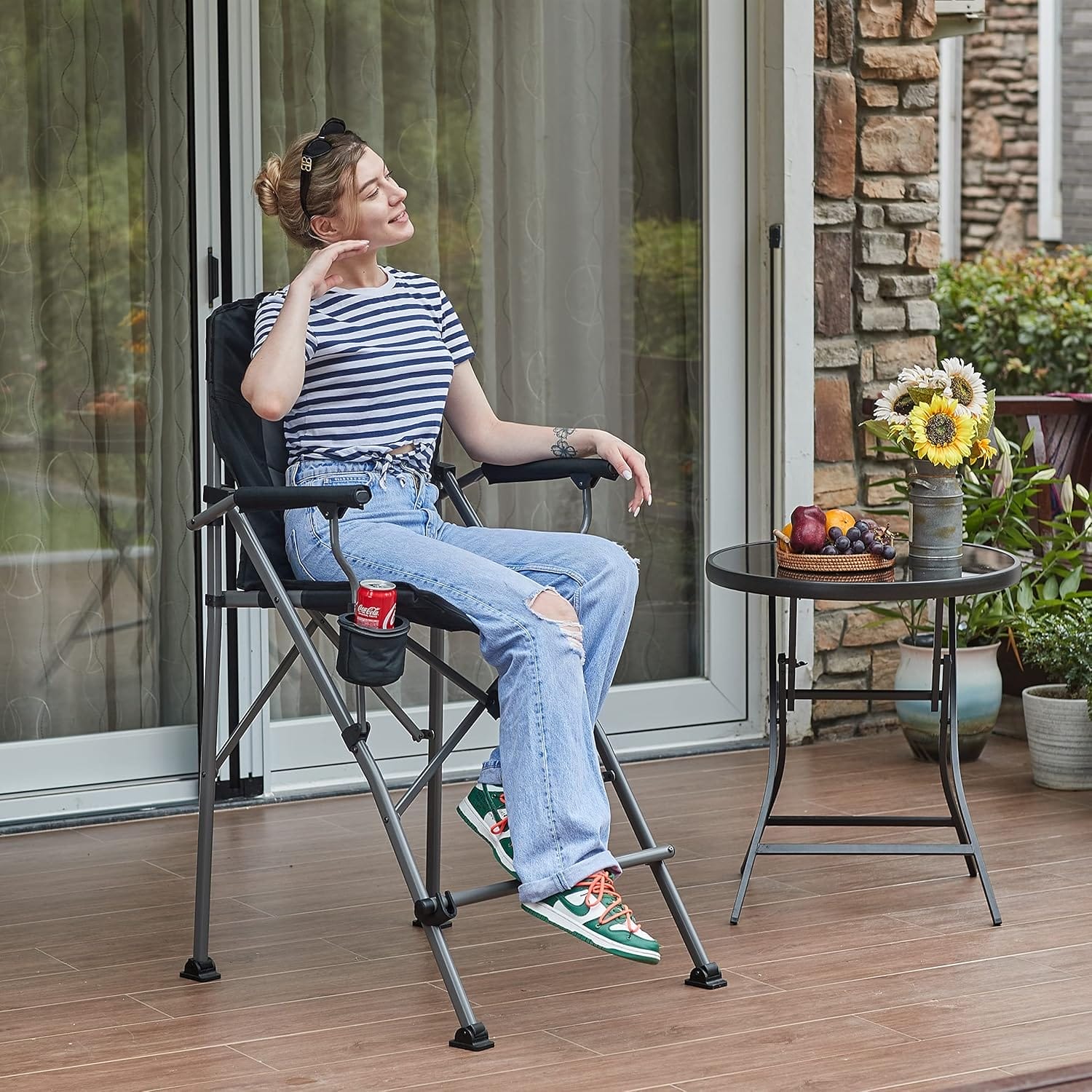 EVER ADVANCED Tall Directors Chair with Cup Holder 31", Bar Height Folding Chair for Camping, Sports with Carry Bag, Mesh Pockets and Footrest, Heavy Duty 300 lbs, Black - Image 2