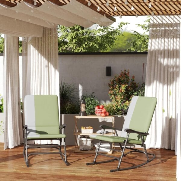 Outsunny Folding Outdoor Rocking Chairs Set of 2, Oversized Outdoor Rocking Camping Chair with 400 lbs. Capacity, Wide Seat, Padded High Back for Patio, Porch, Garden, Dark Green - Image 2