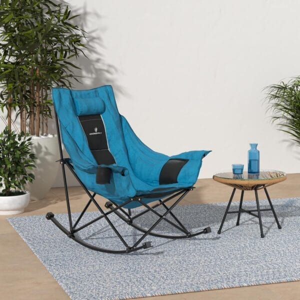 Dowinx Oversized Rocking Camping Chair, Fully Padded Patio Chair with Side Pocket and Carry Bag, High Back Portable Lawn Recliner with Headrest, Support 300 lbs, Blue - Image 2