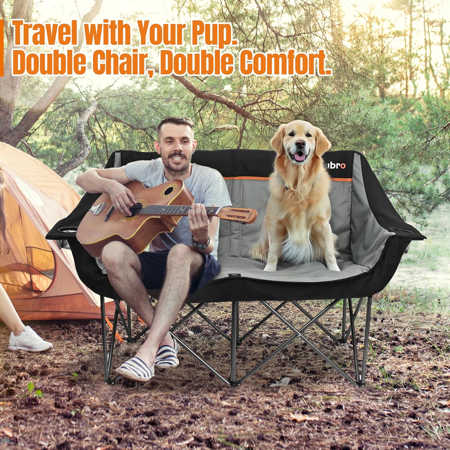 Oversized Double Camping Chair for Adults, Fully Padded Folding Camping Chairs Loveseat, Big Heavy Duty Outdoor Patio Lawn Chair with Arm Cup Holder - Image 4