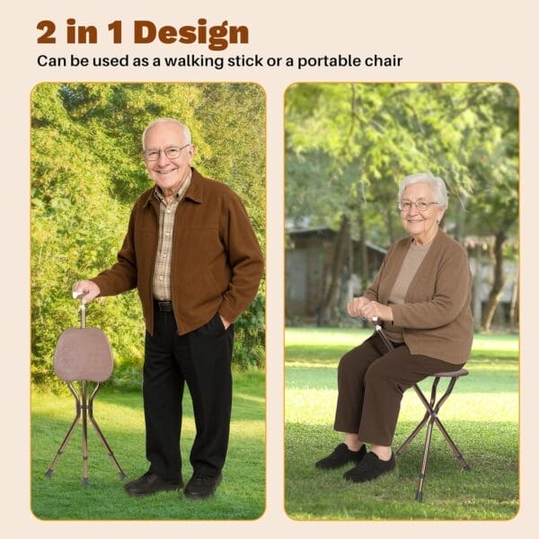 UNLICON-Brown Folding Cane Stool with Seat – Lightweight Adjustable Walking Cane for Seniors, Ergonomic Design, 330 lbs Capacity, Portable and Convenient Cane Chair with Anti-Slip Feet - Image 2