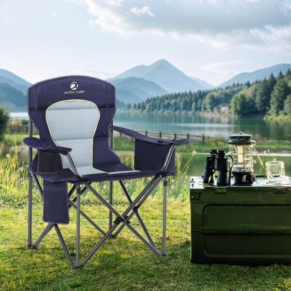 LET'S CAMP Oversized Folding Camping Chair Portable Outdoor Heavy Duty Padded Chairs Lawn Chair with Cup Holder, Storage Pocket and Cooler Bag, Supports 450LBS, for Camp, Travel, Picnic (Blue) - Image 2