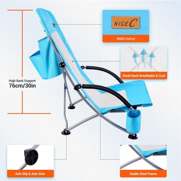 Nice C Beach Chair, Beach Chairs for Adults 2 Pack w/Cooler Compact High Back, Cup Holder & Carry Bag & Heavy Duty Outdoor, Camping, BBQ, Travel, Picnic, Festival (Set of 2 Blue) - Image 8