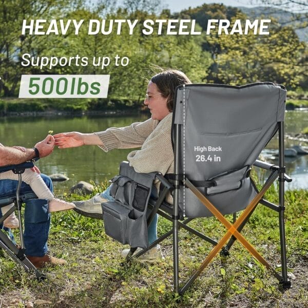 TIMBER RIDGE Oversized Folding Camping Chair with Lumbar Support Adjustable High Back Heavy Duty for Adults Support up to 500lbs with Cup Holder, Cooler Bag, Side Pocket, Grey - Image 4