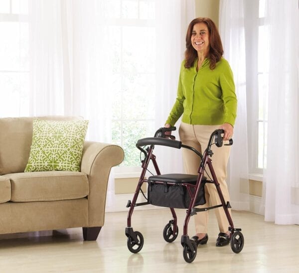 Medline Steel Rollator Walker with Seat, Burgundy, 350 lb. Weight Capacity, 6” Wheels, Foldable, Adjustable Handles, Rolling Walker for Seniors, Walker for Mobility Impaired - Image 2