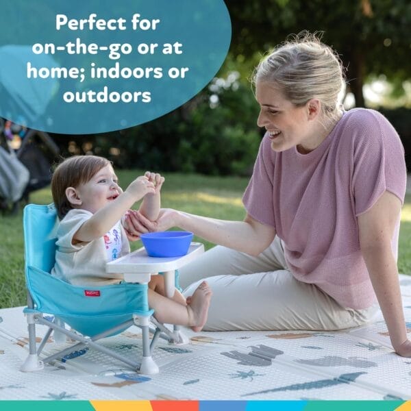 Nuby Easy Go Pop-Up Booster Seat with Removable Tray - 6+ Months - Portable Booster Seat for Floor for Indoor/Outdoor Use - 3-Point Safety Adjustable Straps - Includes Travel Bag - Stripes - Image 6