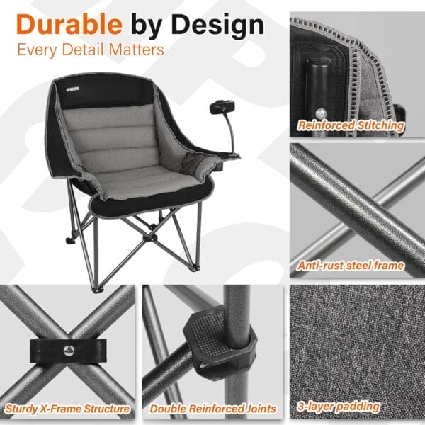 Camping Chairs for Adults-Oversized Extra Large Lawn Chair,Folding Comfy Padded Chair w/Phone Holder,Side Pocket,Cup Holder for Outdoor,Wide&Thick,Heavy Duty 400Lbs,Black - Image 4