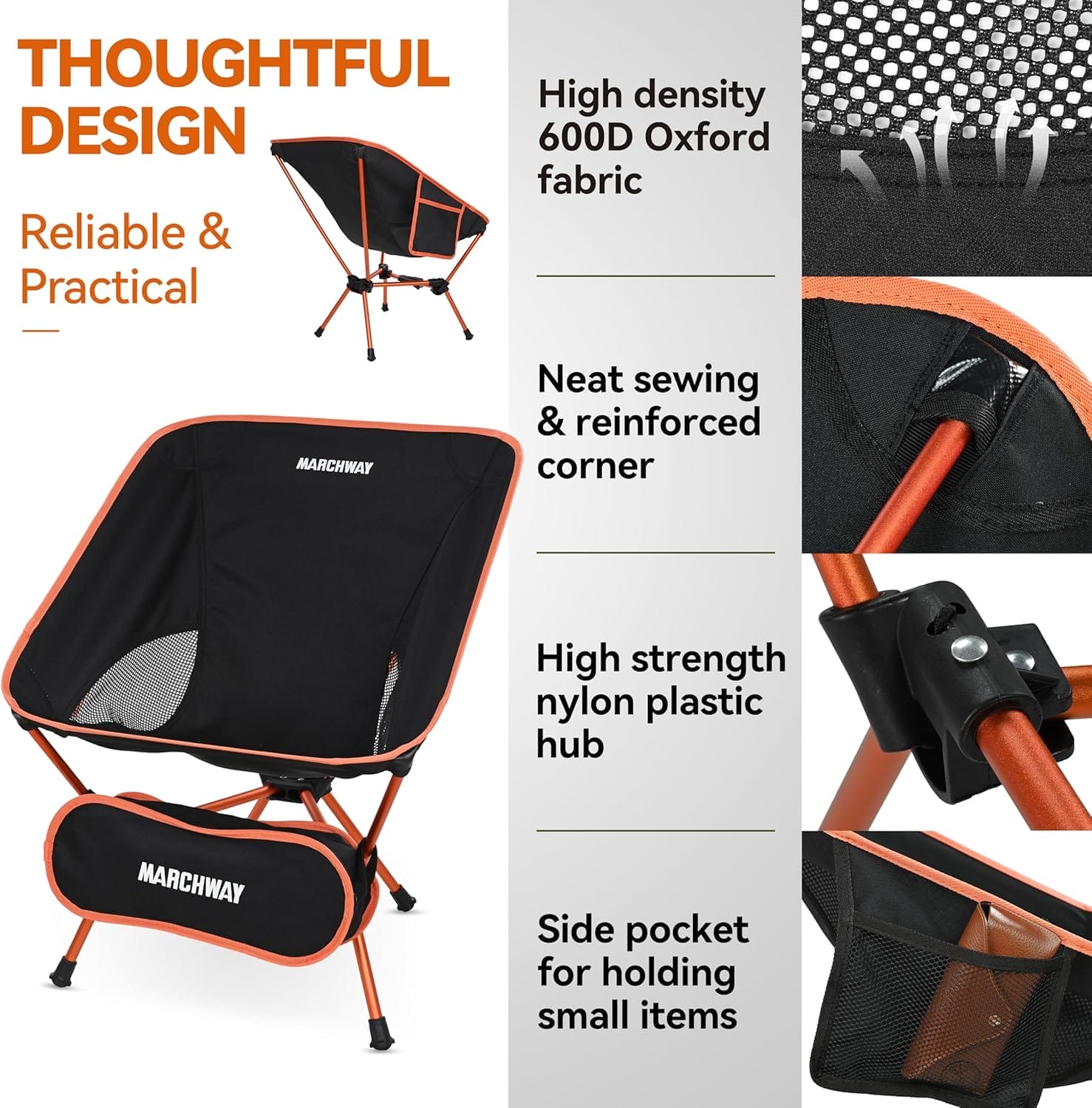 MARCHWAY Lightweight Folding Camping Chair with Spring Lock, Stable Compact Portable for Outdoor Camp, Travel, Beach, Picnic, Festival, Hiking, Backpacking (Lowback Orange) - Image 5