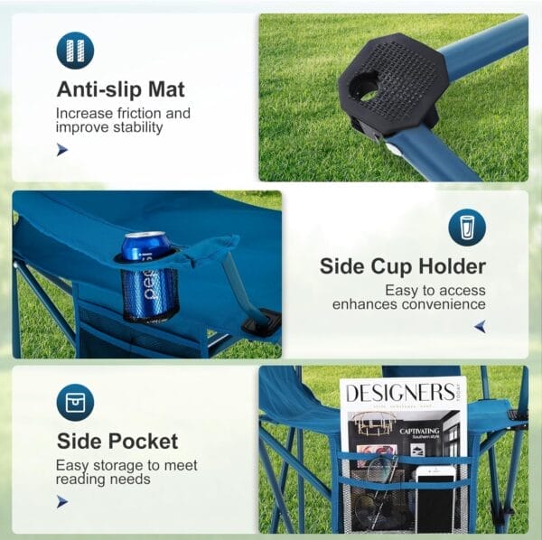 LET'S CAMP Camping Chair 2 Pack Folding Chair with 3-Can Cooler Bag Portable Lawn Chair with Cup Holder,Storage Pocket, Supports 225LBS, Collapsible Chair for Camp, Beach, Picnic (Blue) - Image 7