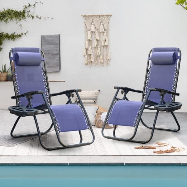 Homall Zero Gravity Chair Patio Folding Lawn Outdoor Lounge Gravity Camp Reclining Lounge Chair with Cup Holder Pillows for Poolside Backyard and Beach Set of 2 (Blue) - Image 7