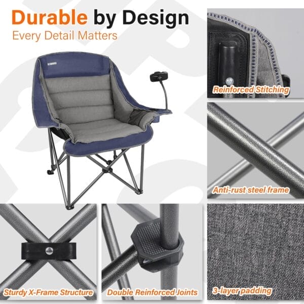 Camping Chairs for Adults-Oversized Extra Large Lawn Chair,Folding Comfy Padded Chair w/Phone Holder,Side Pocket,Cup Holder for Outdoor,Wide&Thick,Heavy Duty 400Lbs,Blue - Image 4