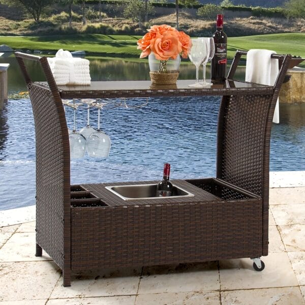 Best Choice Products Outdoor Rolling Wicker Bar Cart w/Removable Ice Bucket, Glass Countertop, Wine Glass Holders, Storage Compartments - Brown - Image 2