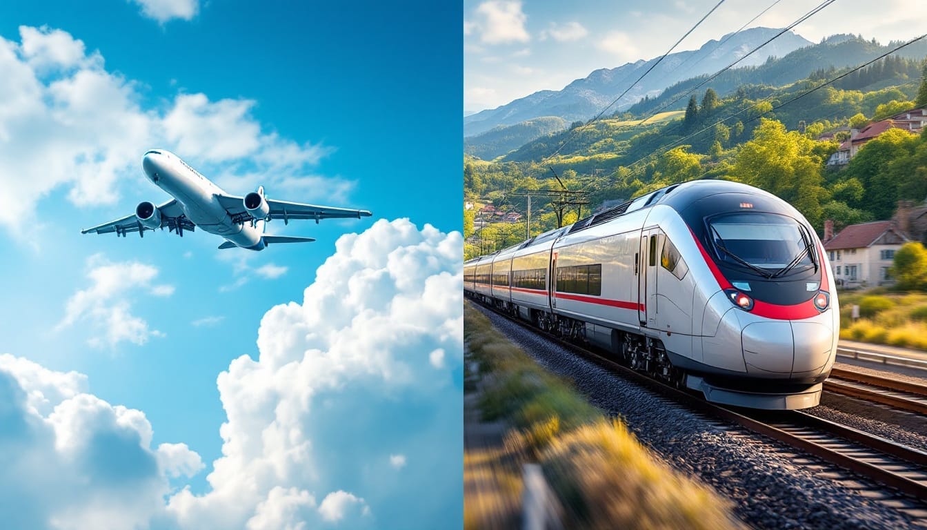 Split image of an airplane and a train for travel.