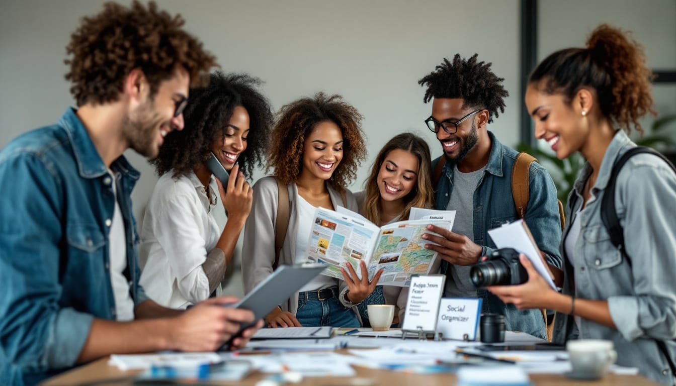 Diverse group having a role in trip planning.