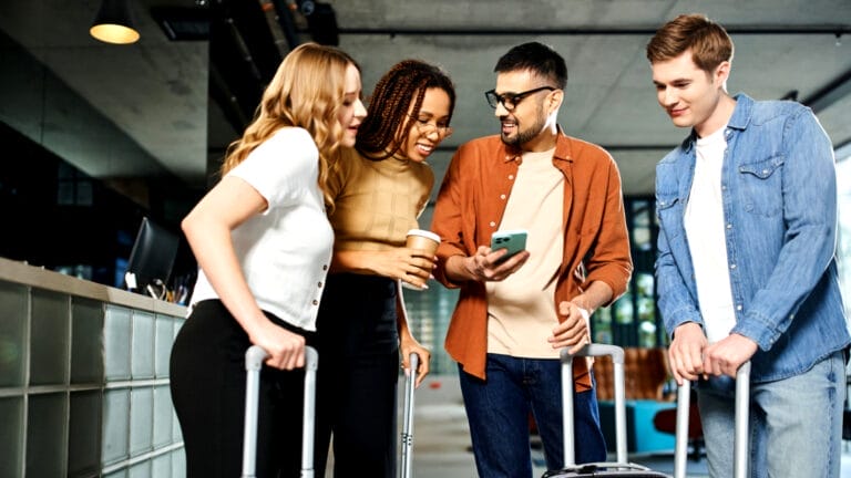 Four friends getting group flight discounts at the airport.
