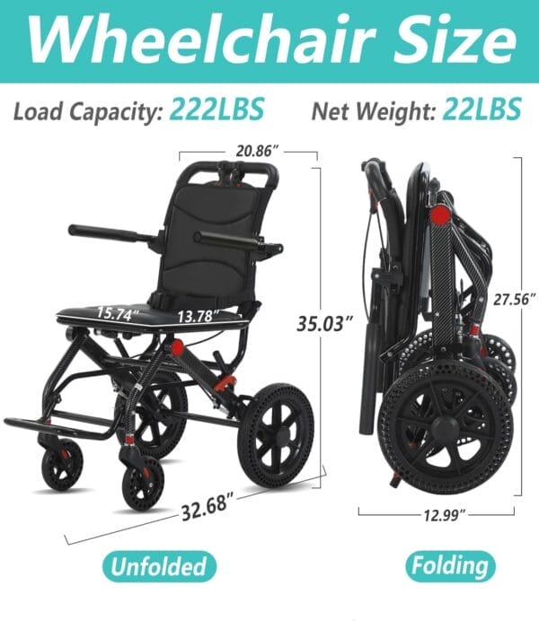 Lightweight Foldable Wheelchair Uitraliaht Folding Transport Durable Wheelchair for Adults and Seniors Airline Approved Folding Portable Black - Image 3