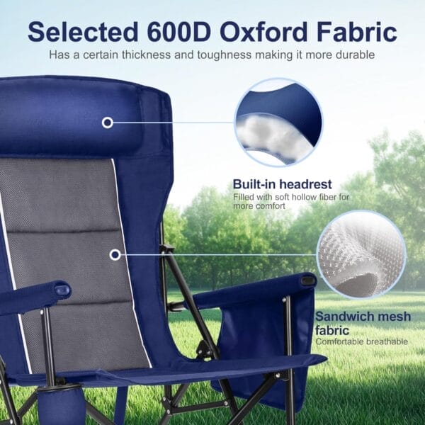 LET'S CAMP Oversized Camping Chairs 29.52" High Back Heavy Duty Lawn Chair Support 500LBS, Portable Collapsible Chair with Cup Holder, Side Pocket(Blue) - Image 6