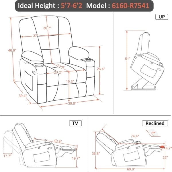 MCombo Large Power Lift Recliner Chair with Massage and Heat for Big and Tall Elderly People, Cup Holders, USB Ports, Side Pockets, Fabric R7541 (Beige, Large-Wide) - Image 3