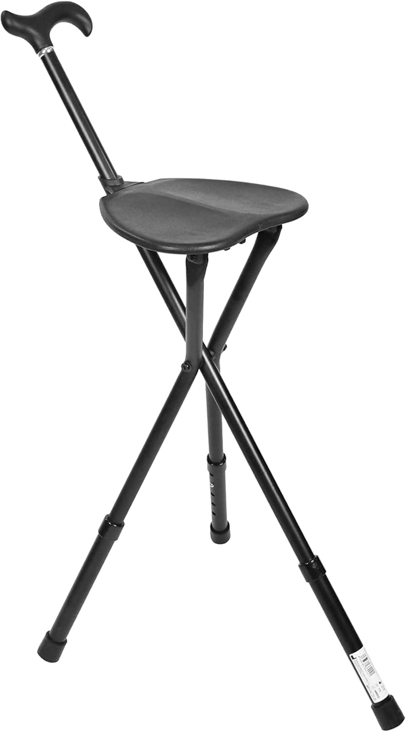 KMINA PRO - Cane Chairs for Adults (Height Adjustable Handle), Foldable Walking Cane with Seat, Travel Chair, Aluminum Black