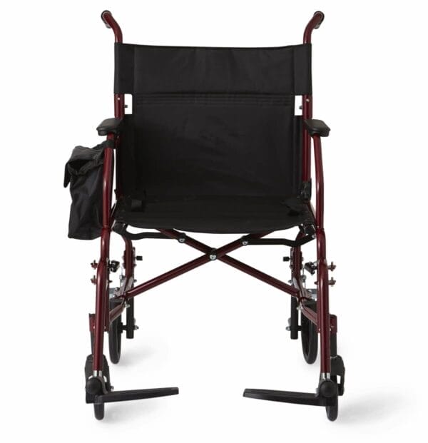 Medline Lightweight Steel Transport Chair, Folding Chair is Portable, Large 12in Back Wheels, 19in Wide Seat, Red - Image 3