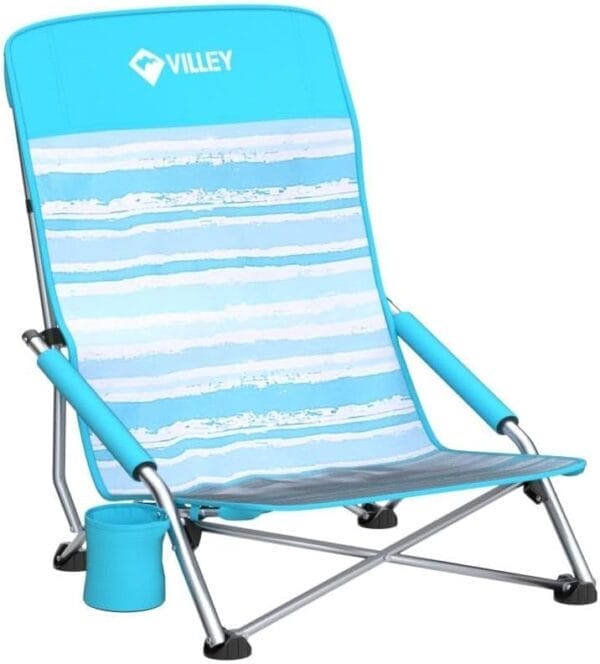 VILLEY Low Beach Chairs for Adults 2 Pack, High Back Folding Beach Chairs, Lightweight and Portable for Outdoor, Beach, Camping, Lawn, Music Festival, with Cup Holder and Carry Bag-Blue Stripes - Image 4