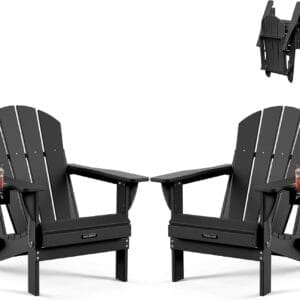 MUCHENGHY Folding Adirondack Chairs 2 Pack, Patio & Outdoor Chairs, Plastic Weather Resistant with Cup Holder for Deck, Backyard, Garden (Black)
