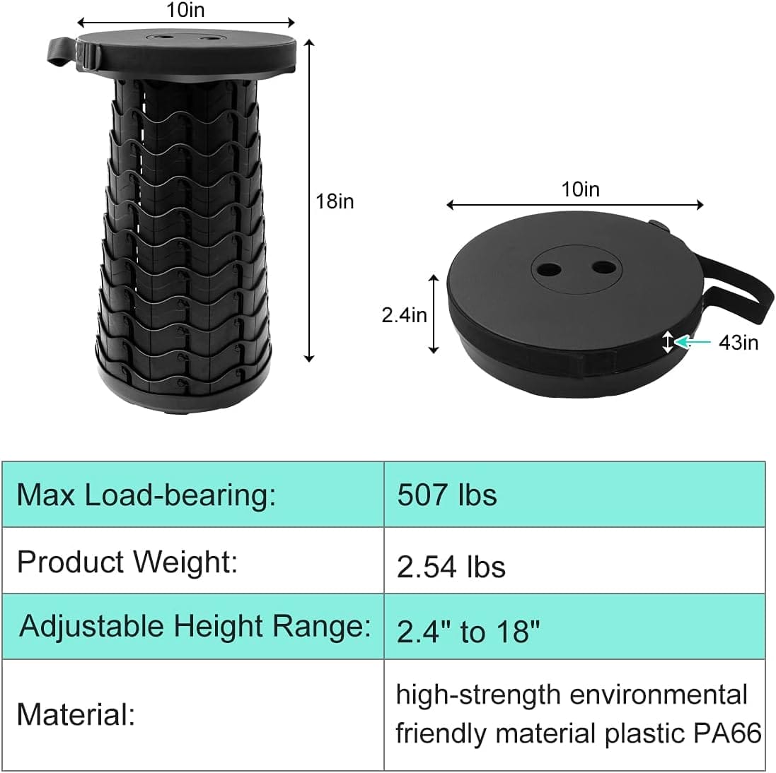 Coideal Retractable Folding Stool Upgraded, Portable Lightweight Collapsible Stool Telescoping Chair Seat Adjustable Height with Load 400 lbs for Adult Camping Travel Fishing Outdoor - Image 2