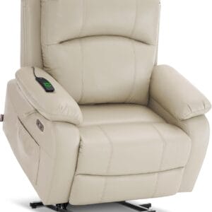 MCombo Small-Wide Power Lift Recliner Chair with Massage and Heat for Petite Elderly People, 3 Positions, 2 Side Pockets, USB Ports, Faux Leather R7410 (Beige, Small-Wide)