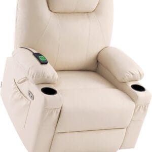 MCombo Large Lay Flat Dual Motor Power Lift Recliner Chair Sofa with Massage and Heat, USB Ports, Extended Footrest, for Elderly People, Infinite Position, Faux Leather 7815 (Cream White)